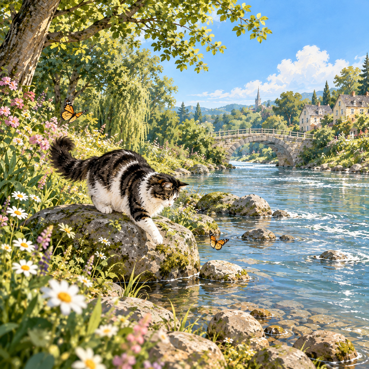 A cat exploring along a sunny riverside