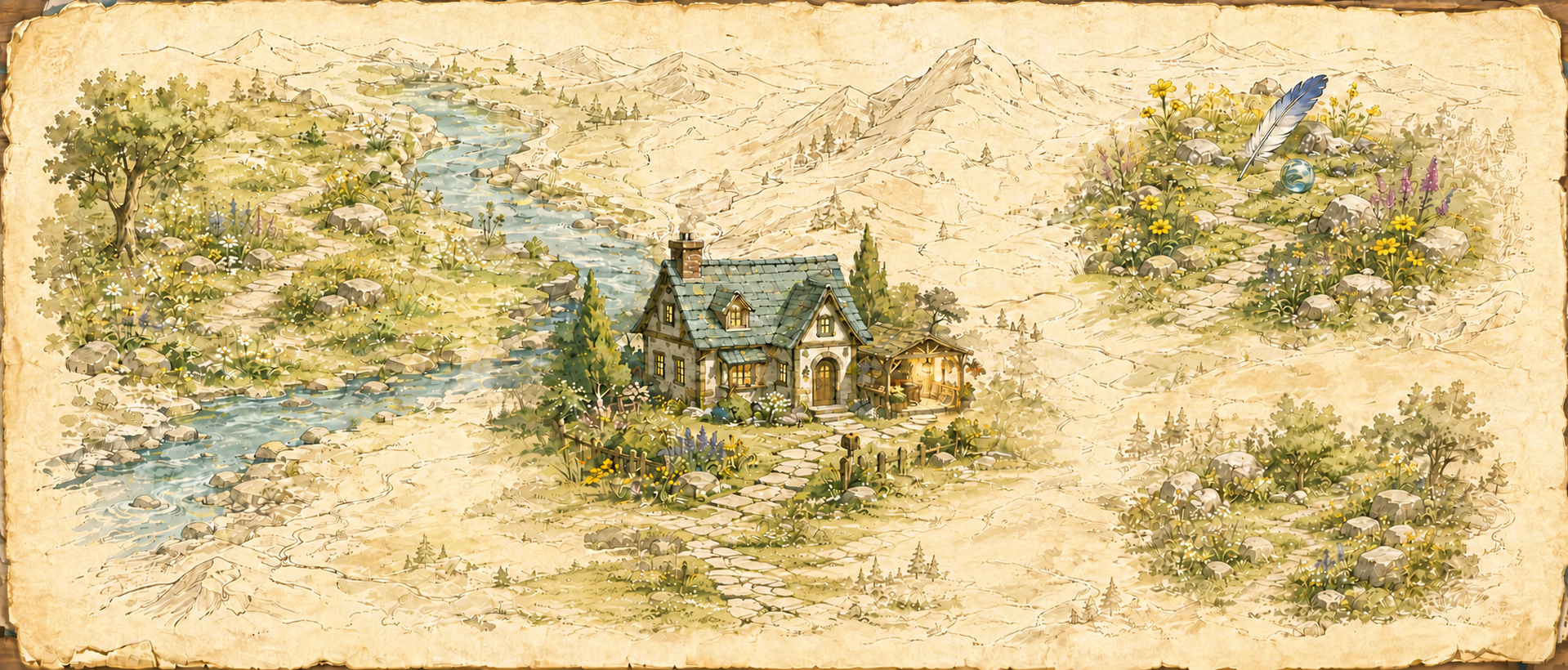 A hand-painted map showing a cat's route from home, through a riverside garden, and back home