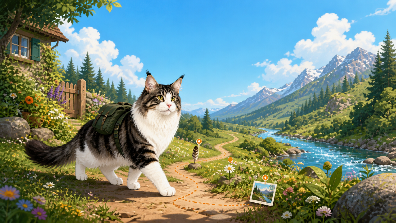 A cat setting out on a journey through a sunny valley