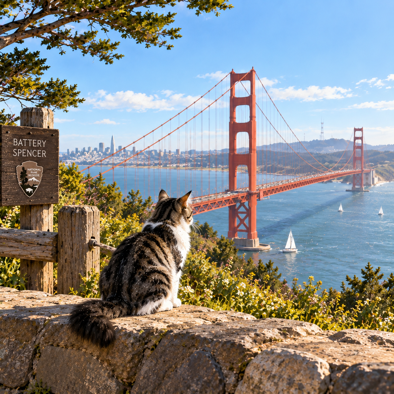 A cat visiting the Golden Gate Bridge