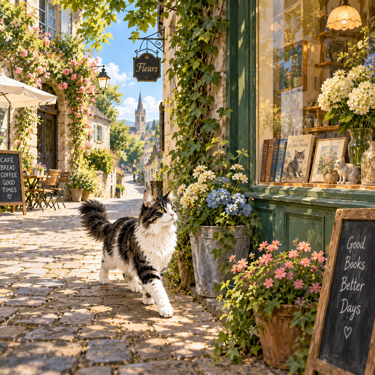 A cat wandering along a flower-lined village street